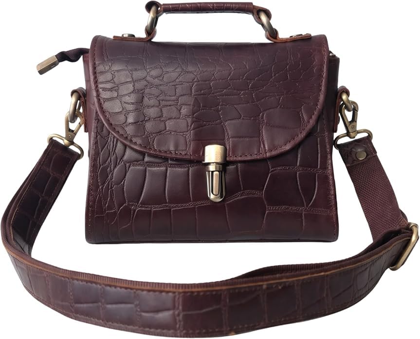 Genuine Leather Crocodile Embossed Crossbody Bag Brown A82795