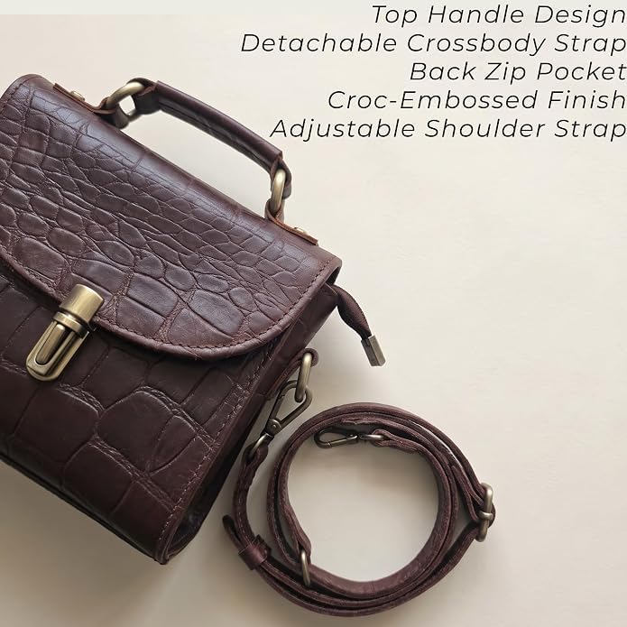 Genuine Leather Crocodile Embossed Crossbody Bag Brown A82795