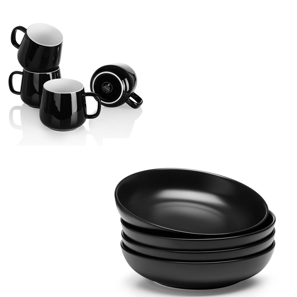 Black Pasta Bowls Set of 4 and Coffee Mugs Set of 4 X873