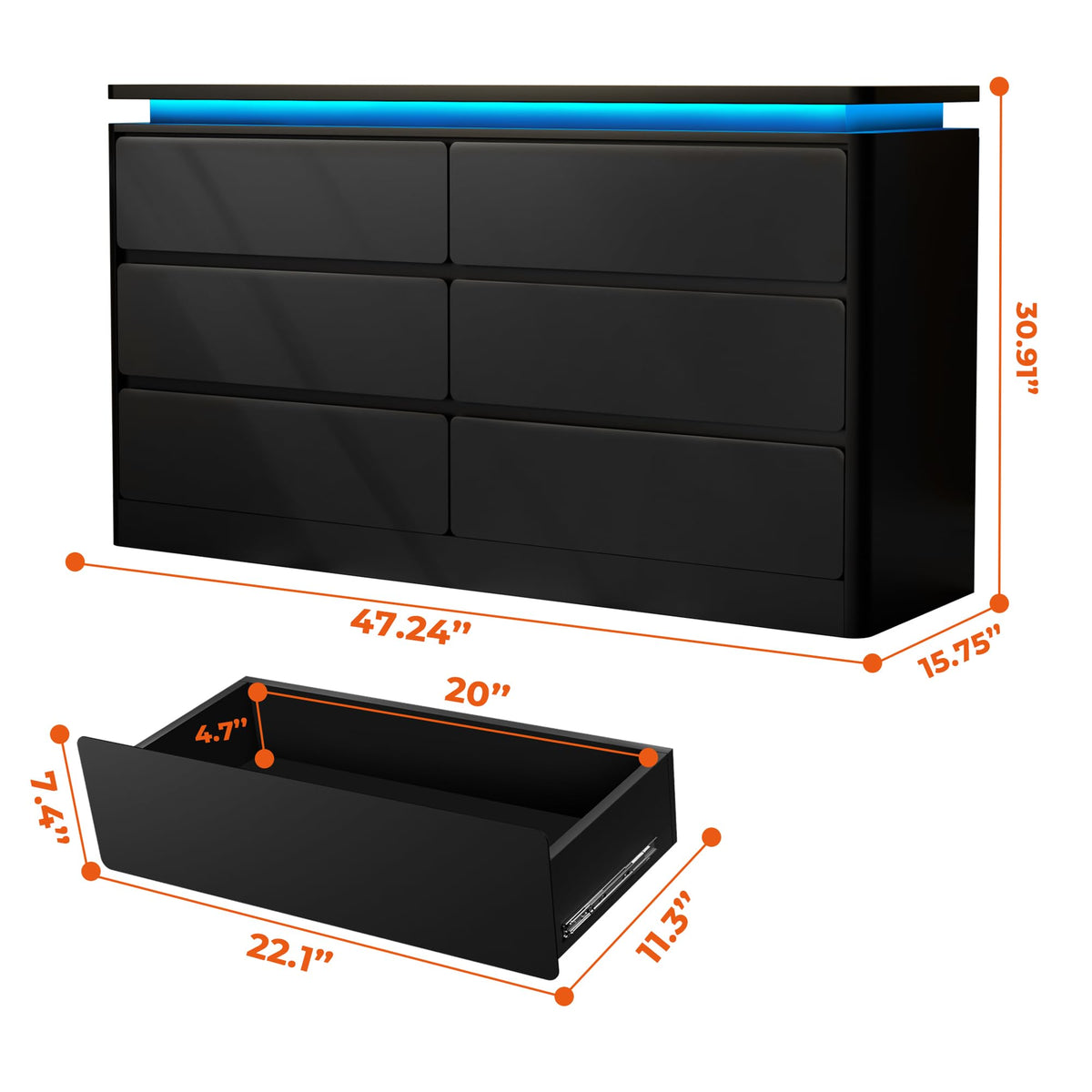 Black 6 Drawer Wood Dresser with Charging Station L2993