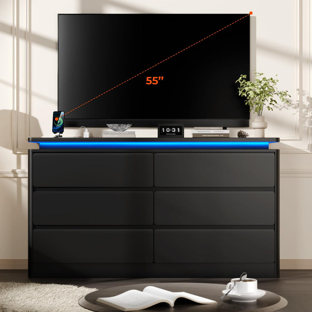Black 6 Drawer Wood Dresser with Charging Station L2993