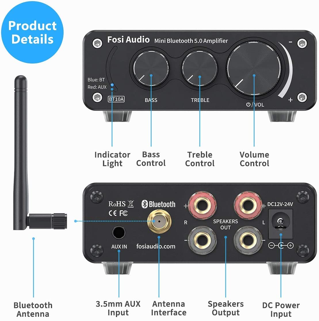 Bluetooth 5.0 Stereo Audio Amplifier Receiver 2 Channel Class D Mini Hi-Fi Integrated Amp 50W x 2 O63581
