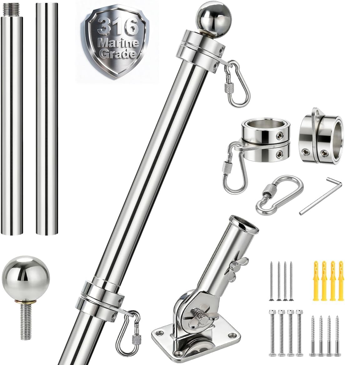 24 Inch 316 Stainless Steel Boat Flag Pole Kit with Mounting Base G757