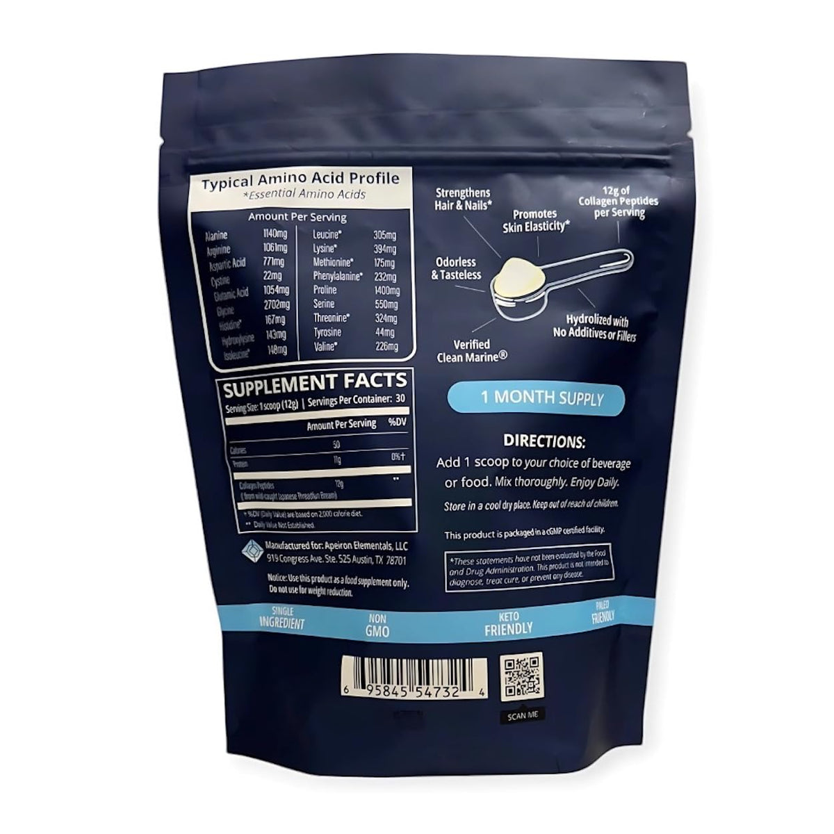 Hydrolyzed Marine Collagen Peptides Powder, Wild-Caught Fish, 30 Servings U194674