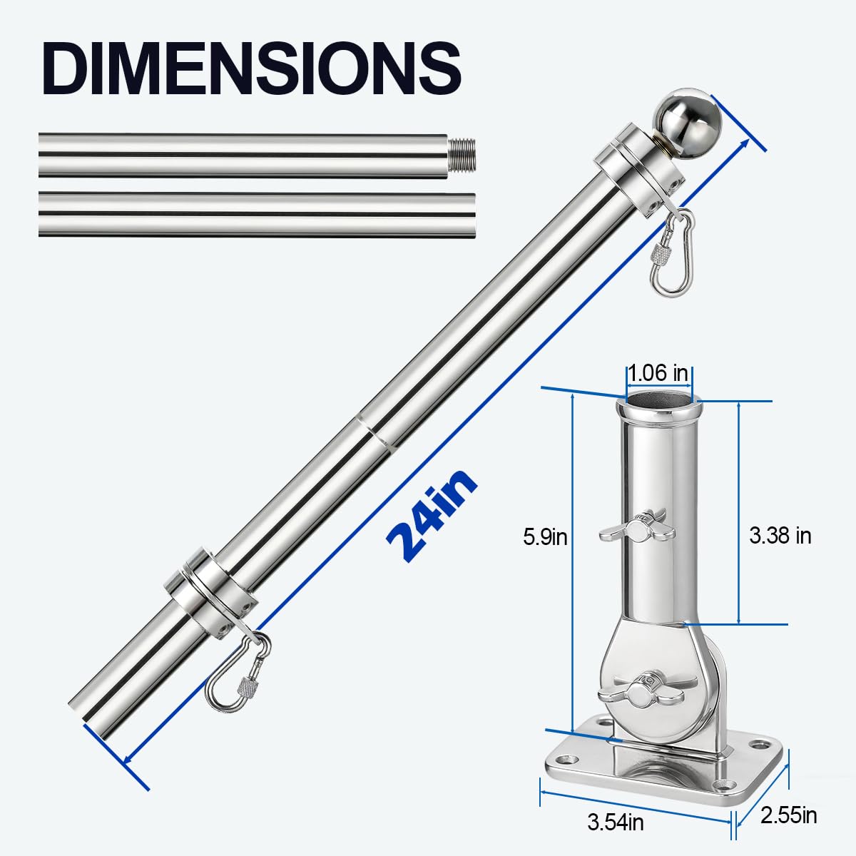 24 Inch 316 Stainless Steel Boat Flag Pole Kit with Mounting Base G757