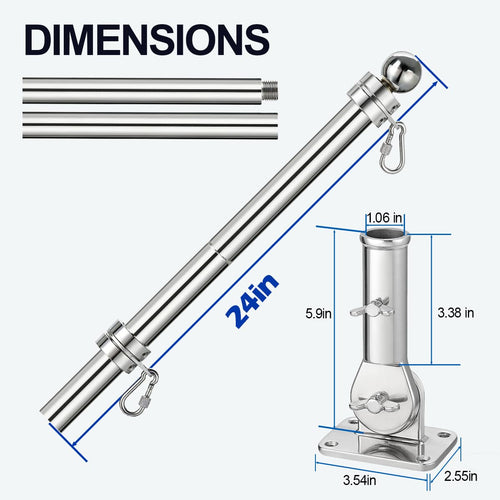 24 Inch 316 Stainless Steel Boat Flag Pole Kit with Mounting Base G757