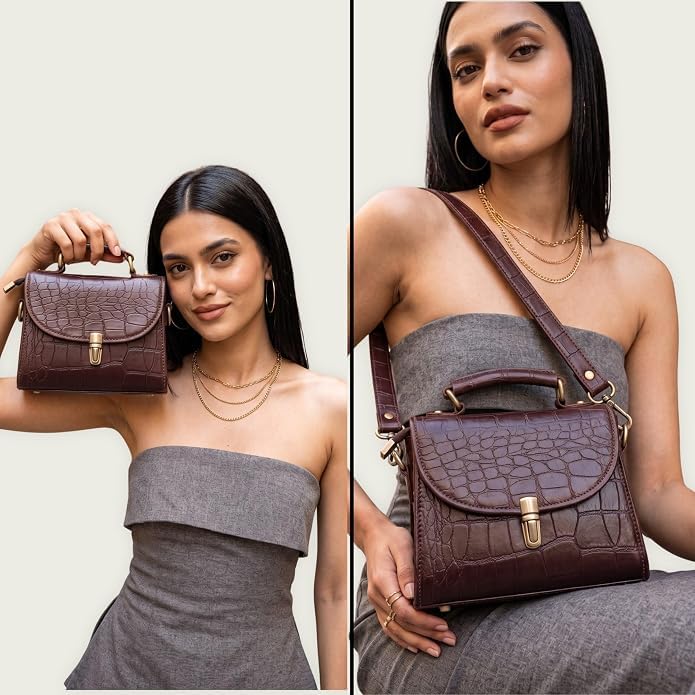 Genuine Leather Crocodile Embossed Crossbody Bag Brown A82795