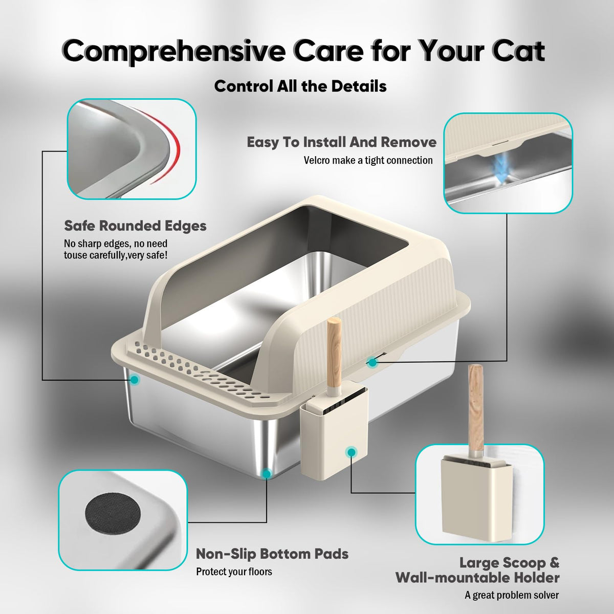 XL Stainless Steel Enclosed Cat Litter Box with Lid, Scoop and Mat P8888
