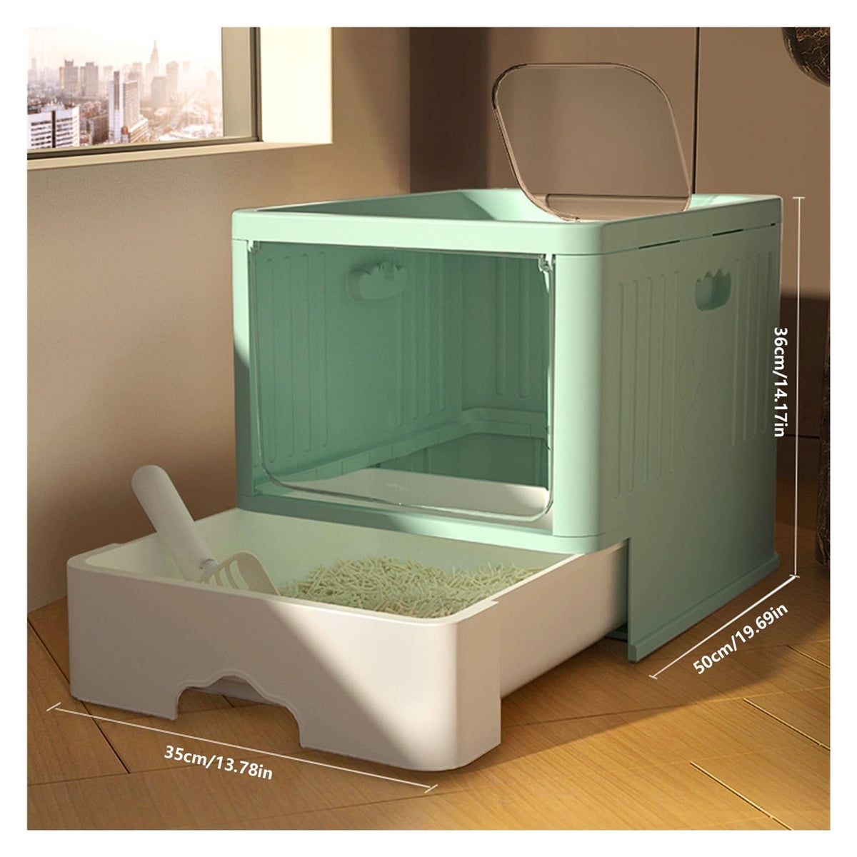 Large Top Entry Anti-Splashing Enclosed Plastic Cat Litter Box with Lid and Litter Scoop M8405