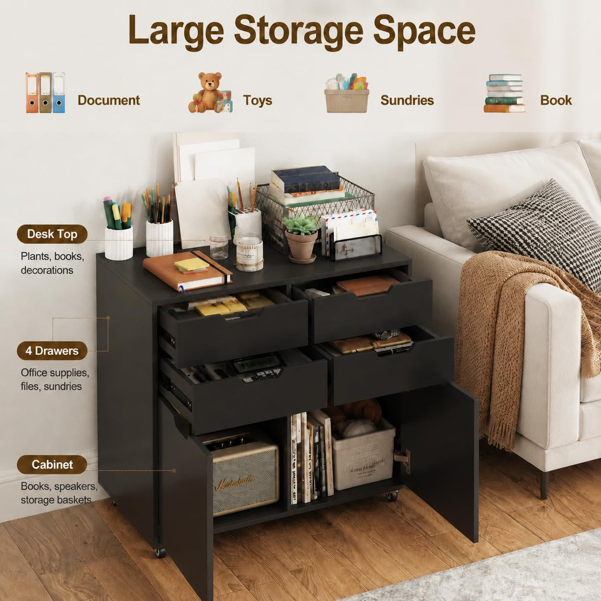 Mobile File Cabinet Rolling Printer Stand Black M984846