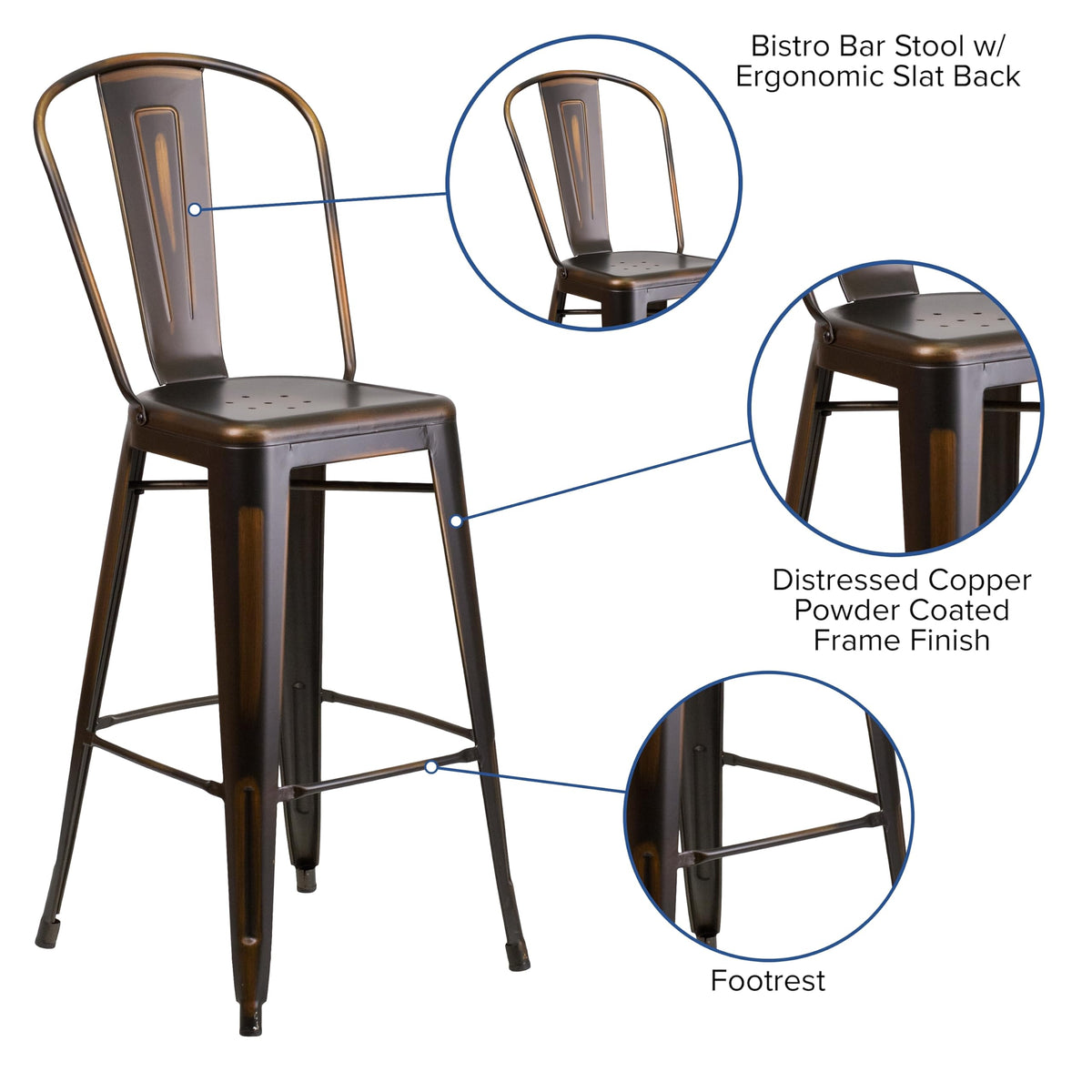 Distressed Copper Metal Indoor-Outdoor Barstool with Back Z6633