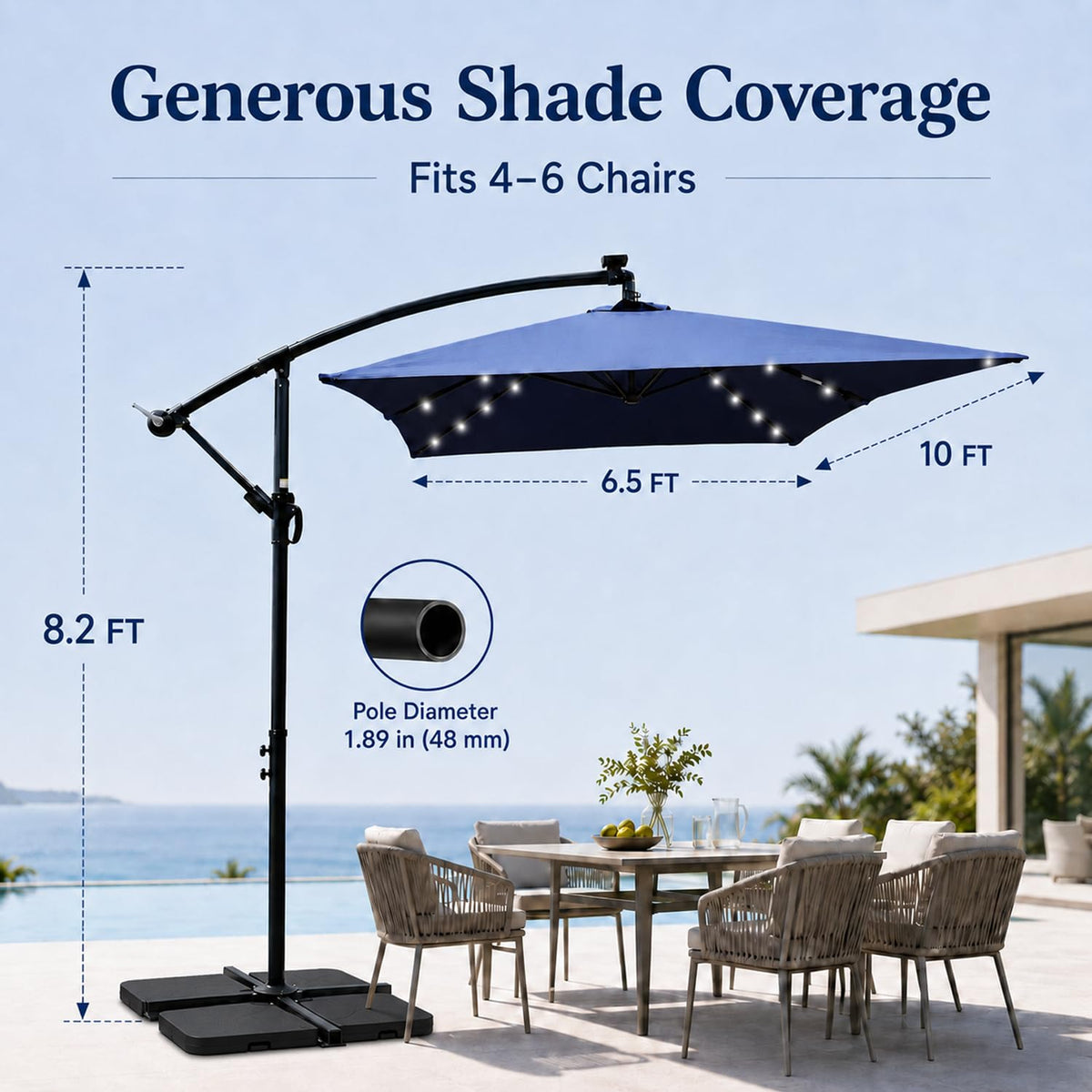 10x6.5FT Navy Blue Solar Patio Umbrella M1593
