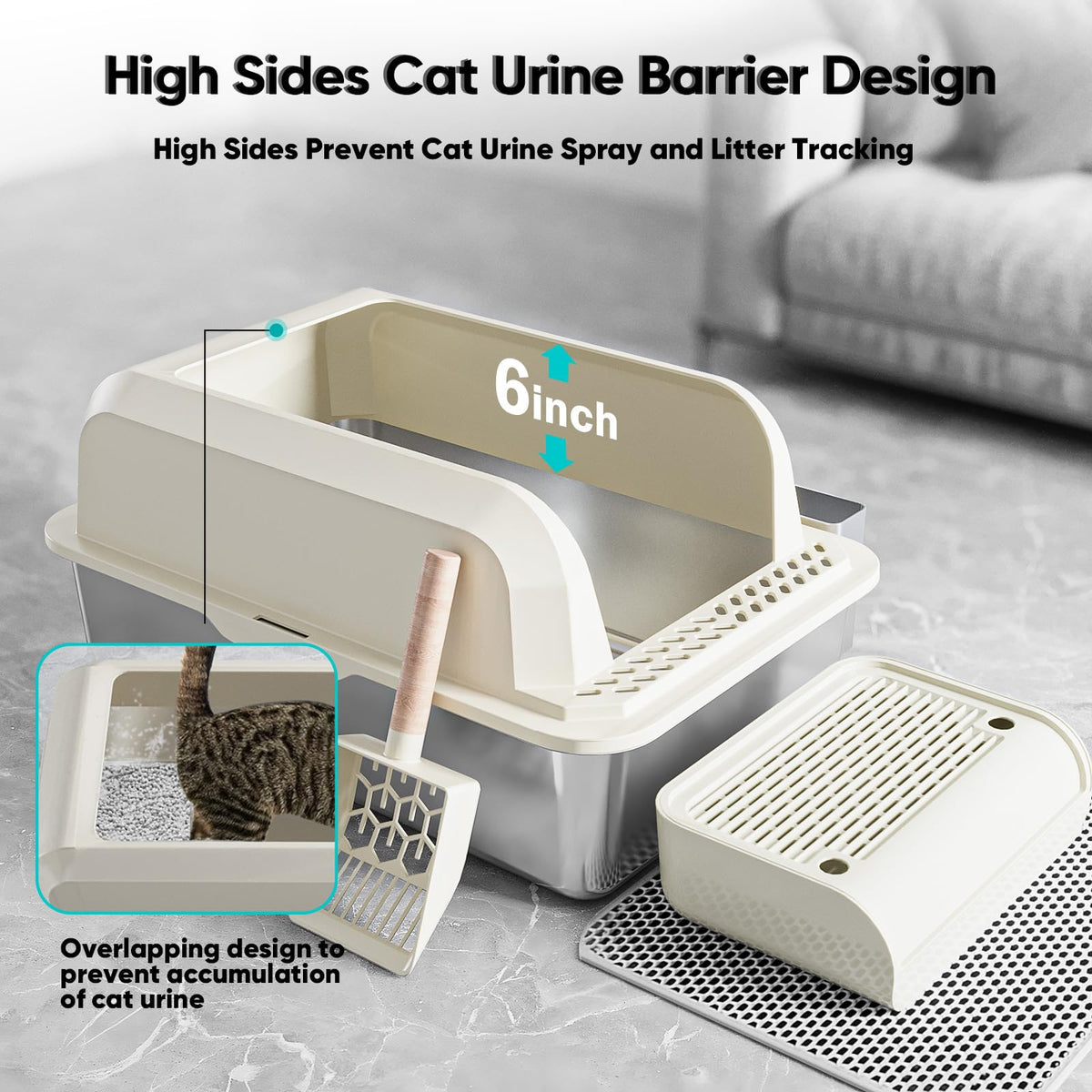 XL Stainless Steel Enclosed Cat Litter Box with Lid, Scoop and Mat P8888