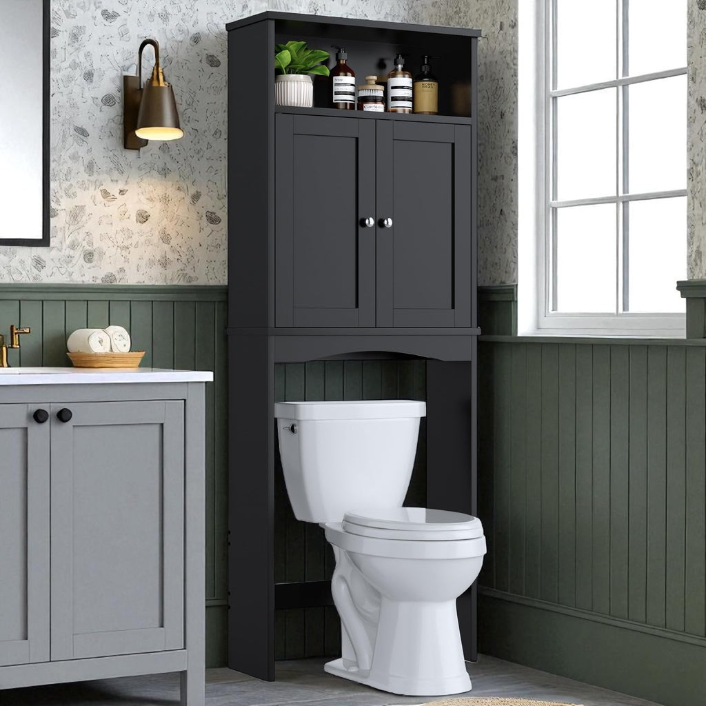 Over The Toilet Storage Cabinet with Adjustable Shelf and Double Door, Black W931253