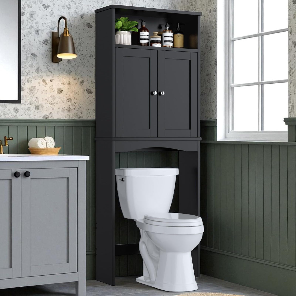 Over The Toilet Storage Cabinet with Adjustable Shelf and Double Door, Black W931253