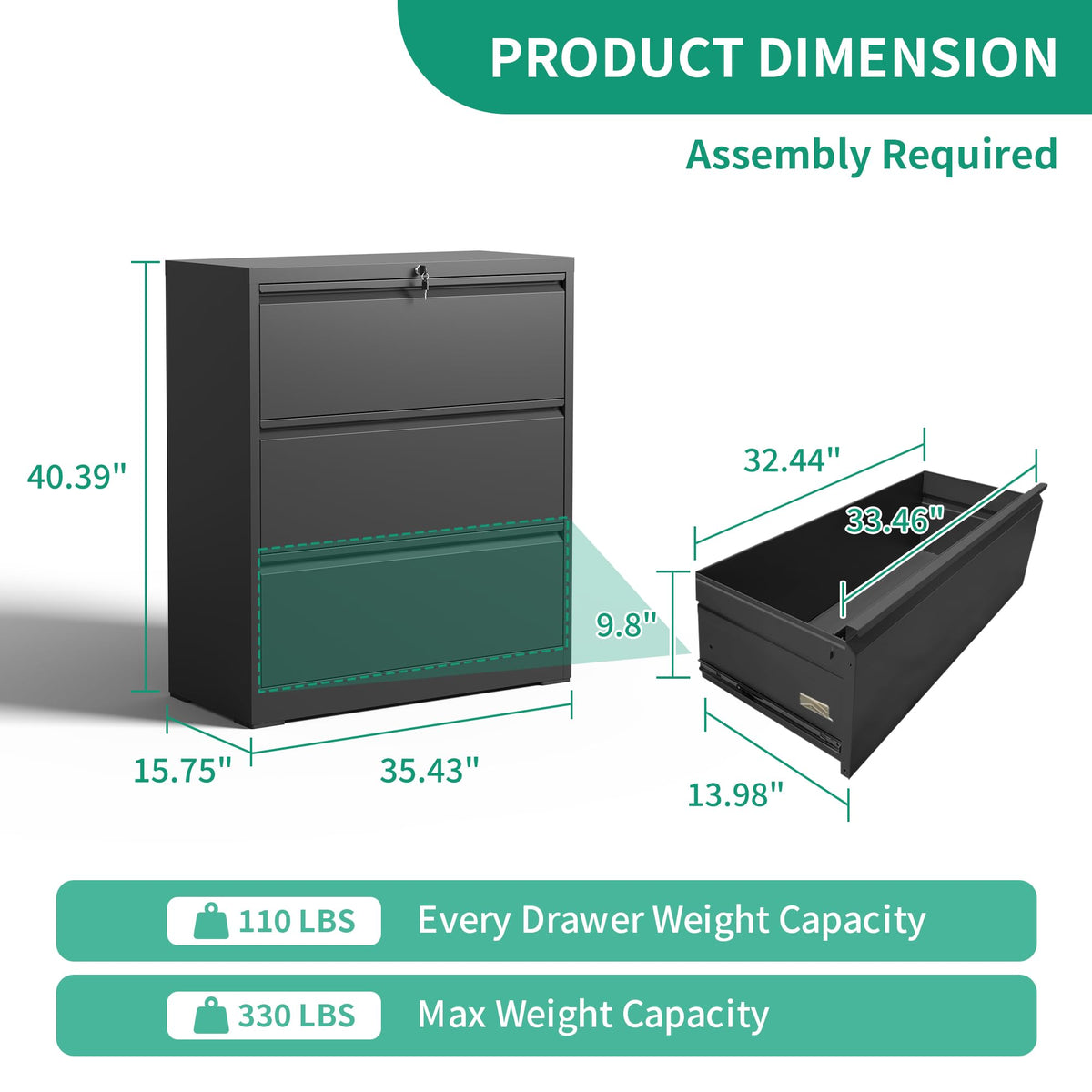 Black 3 Drawer Locking Metal File Cabinet C30047