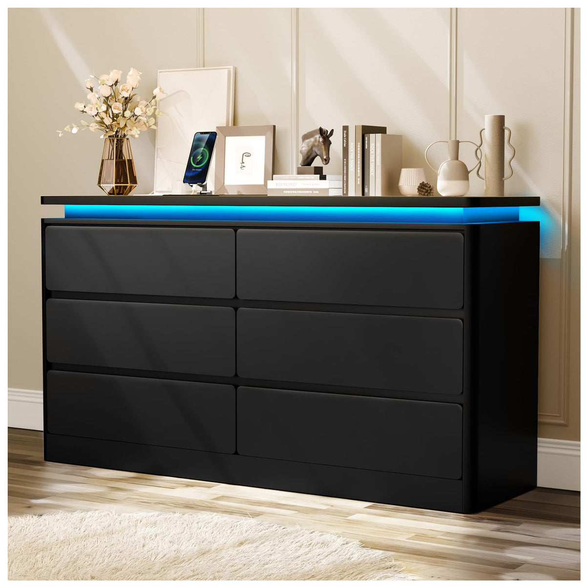 Black 6 Drawer Wood Dresser with Charging Station L2993