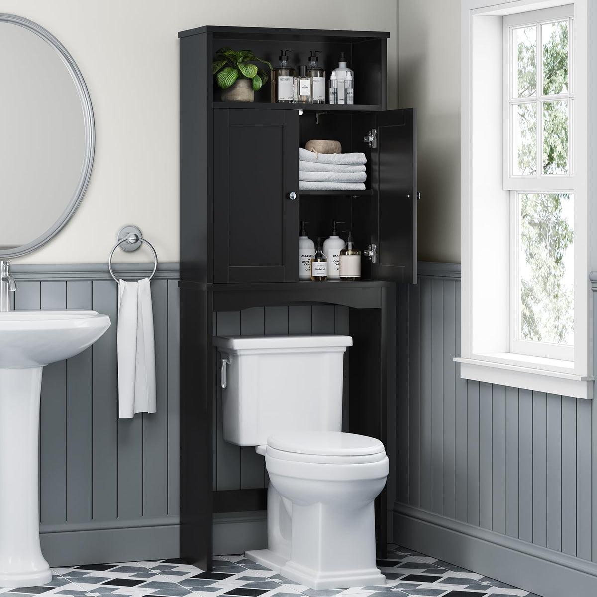 Over The Toilet Storage Cabinet with Adjustable Shelf and Double Door, Black W931253