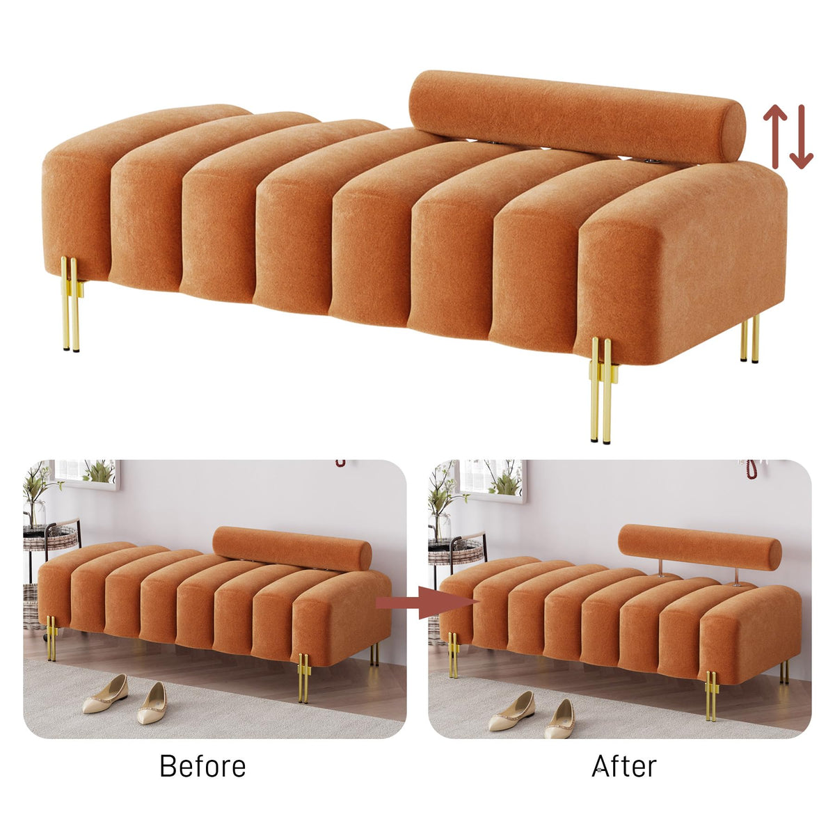 Velvet Upholstered Bench Ottoman with Adjustable Backrest X32776