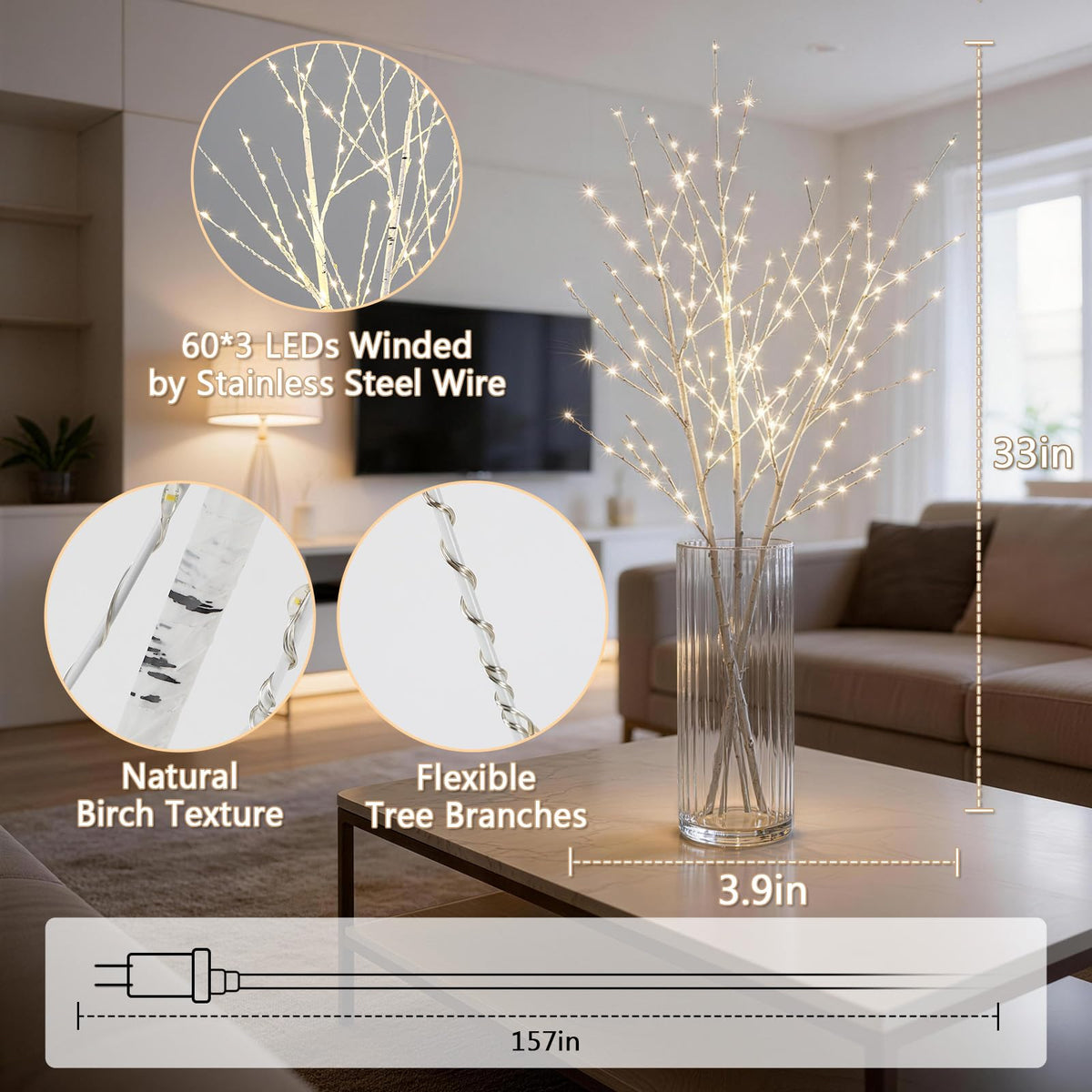 Lighted Birch White Tree Branches 33IN 180LED with Timer A132