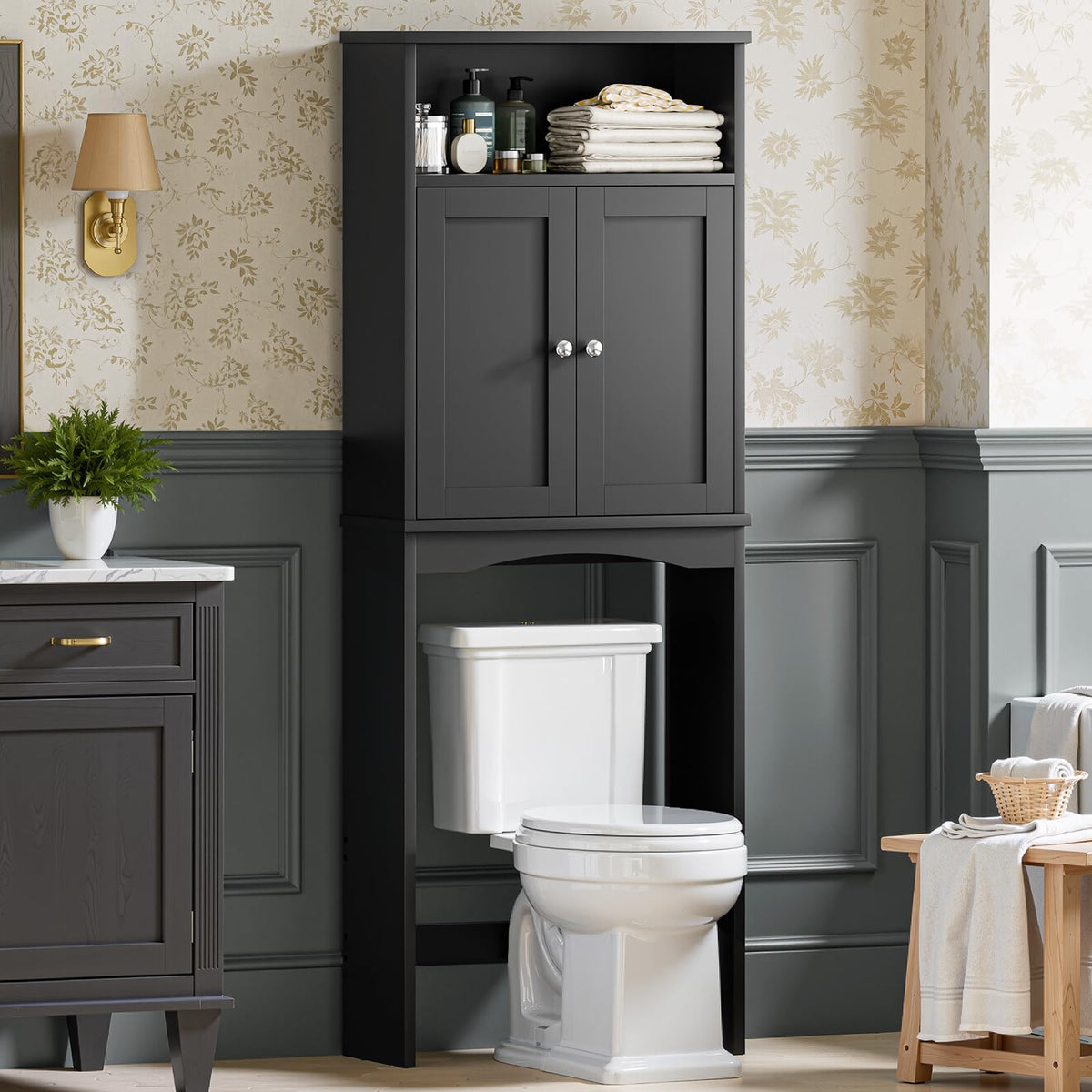 Over The Toilet Storage Cabinet with Adjustable Shelf and Double Door, Black W931253