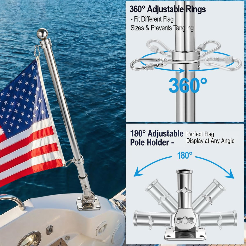 24 Inch 316 Stainless Steel Boat Flag Pole Kit with Mounting Base G757