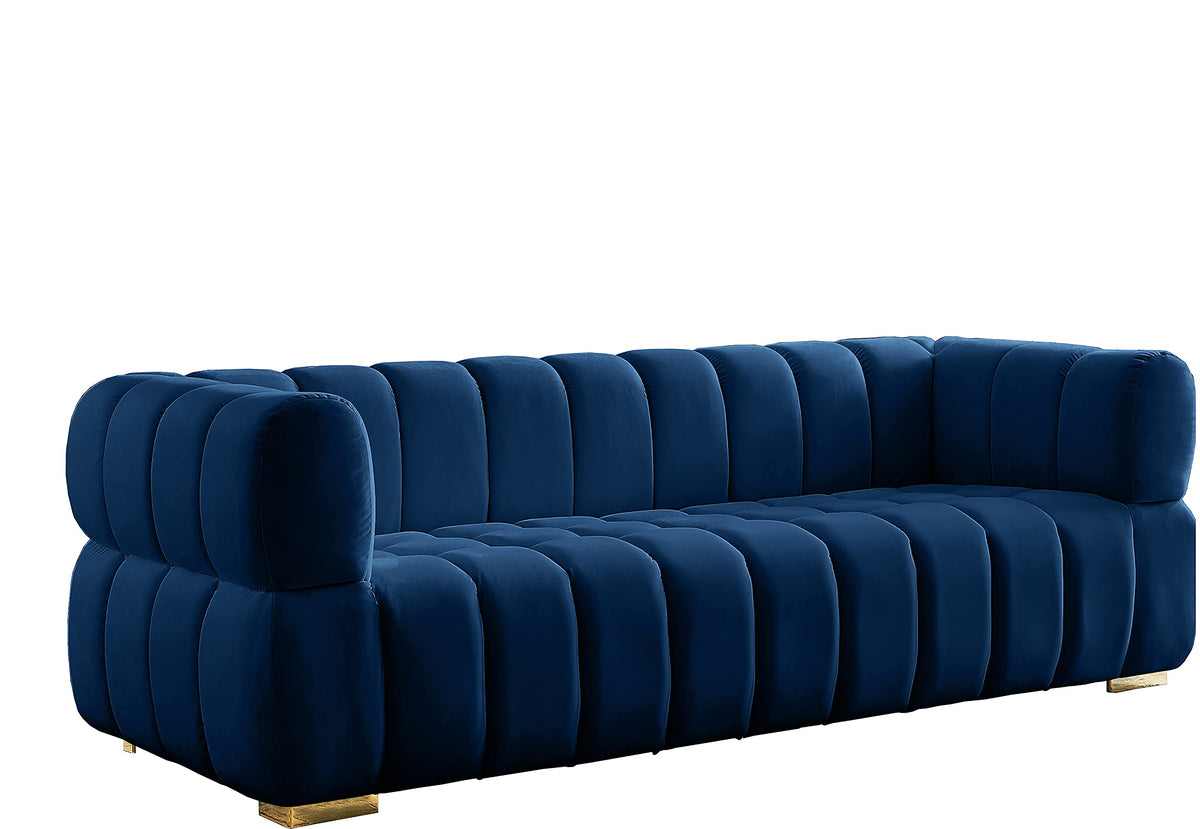 Navy Velvet Upholstered Sofa with Deep Biscuit Tufting C841