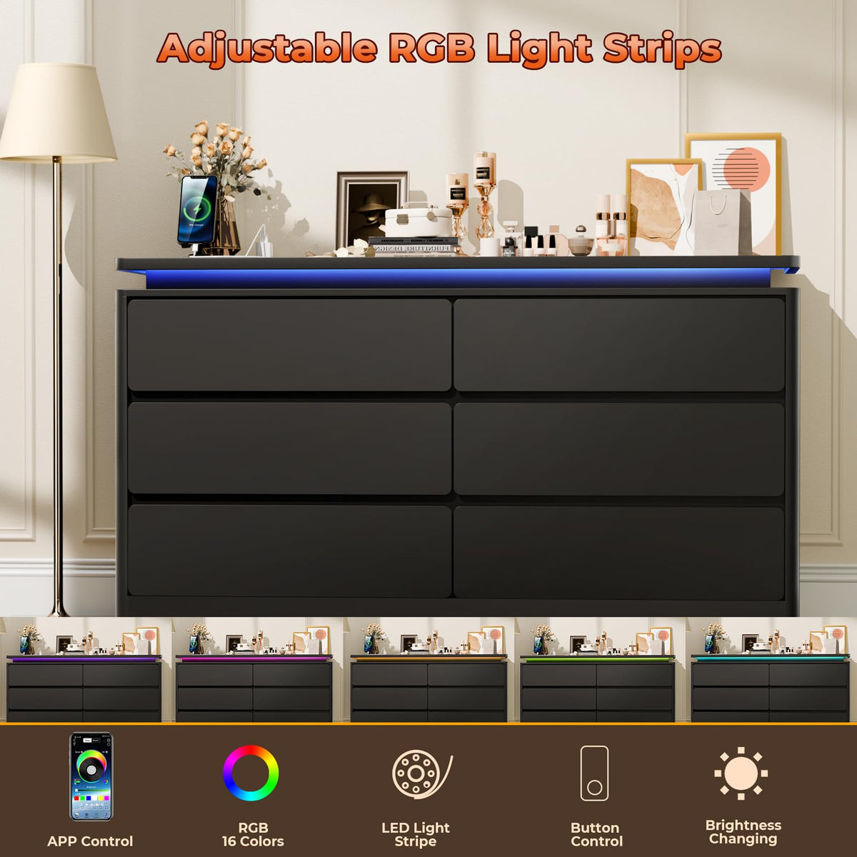 Black 6 Drawer Wood Dresser with Charging Station L2993