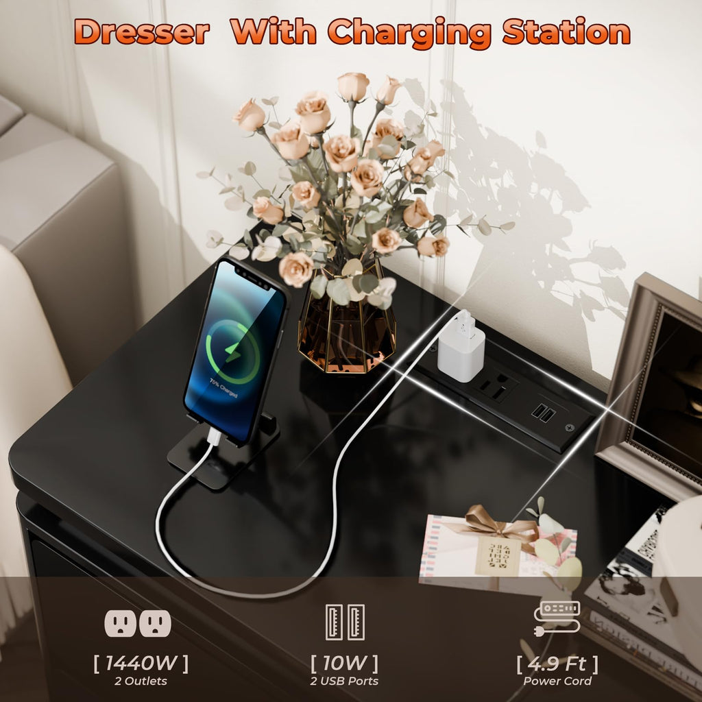 Black 6 Drawer Wood Dresser with Charging Station L2993
