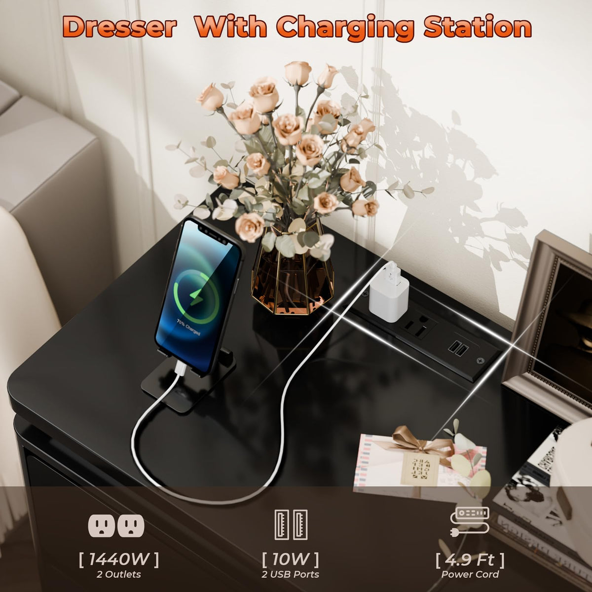 Black 6 Drawer Wood Dresser with Charging Station L2993