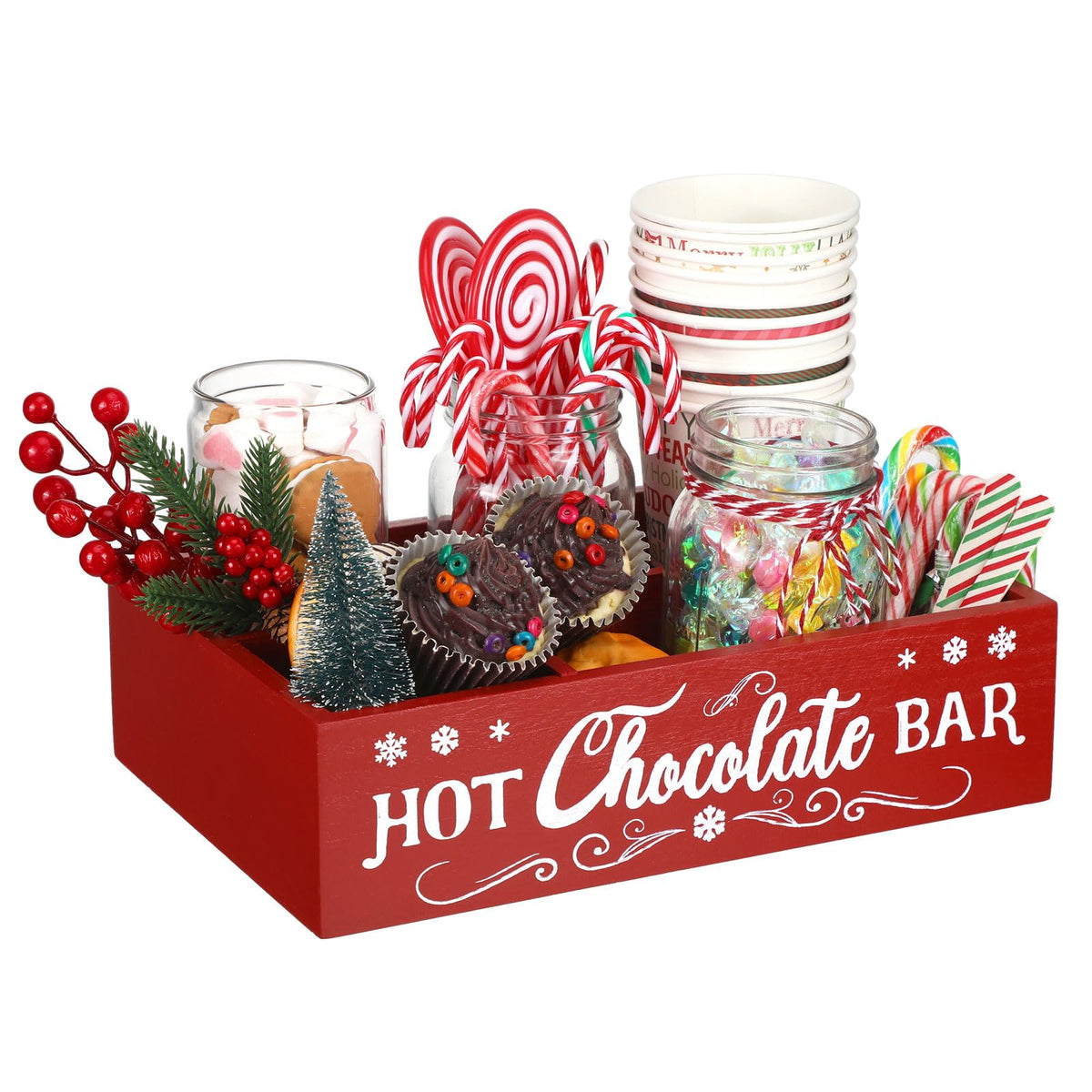 Christmas Hot Cocoa Bar Station Organizer Storage Box Wood Red L7520