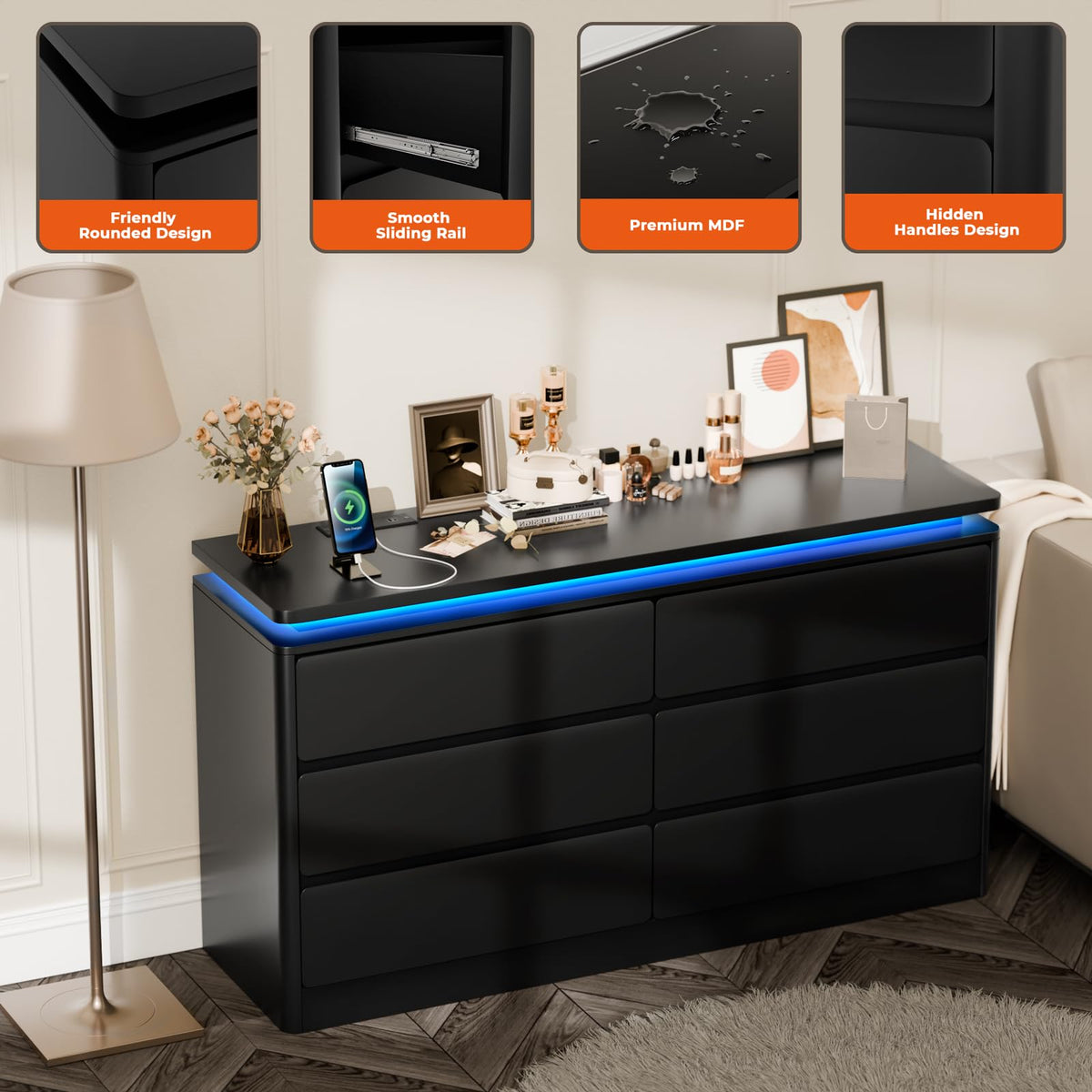 Black 6 Drawer Wood Dresser with Charging Station L2993