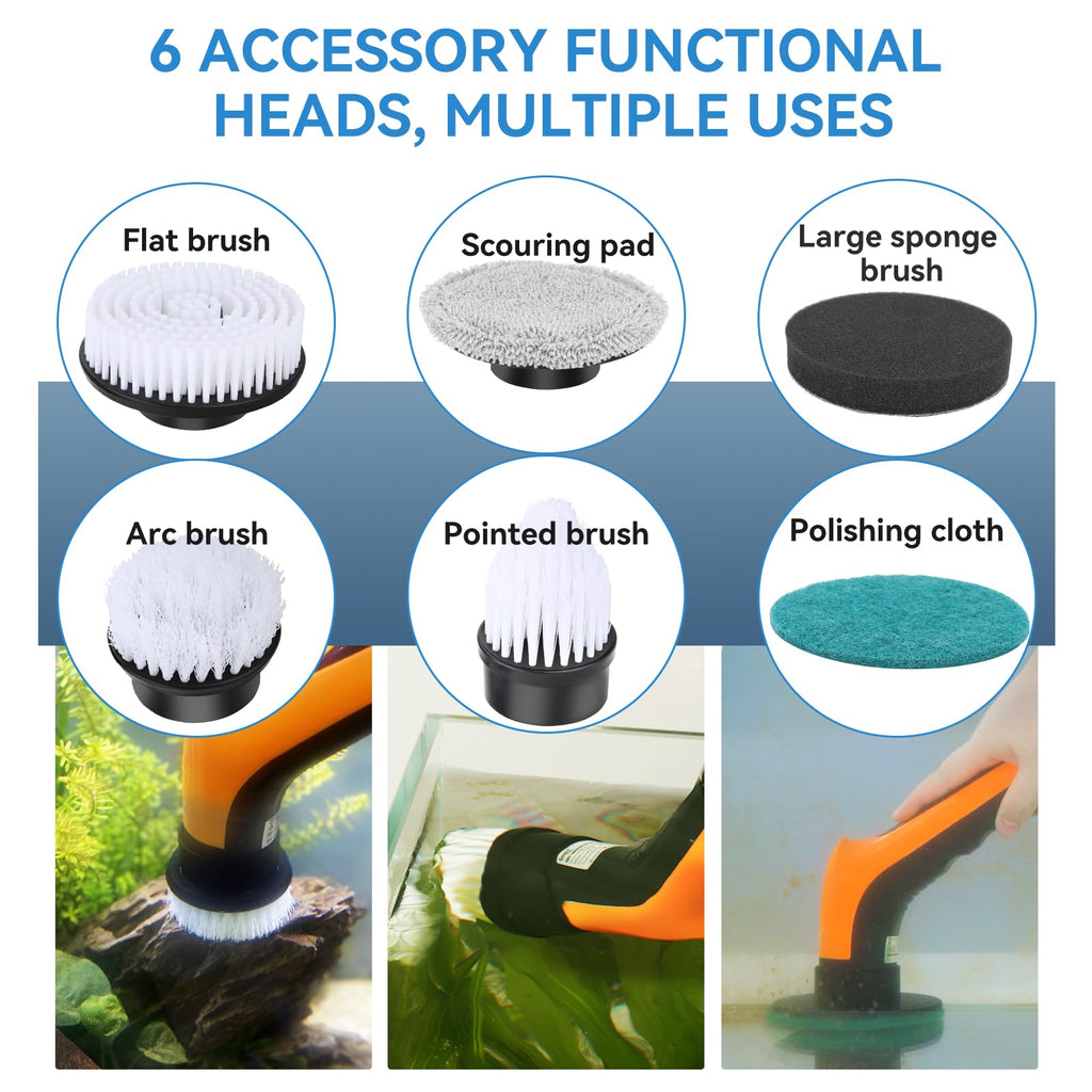 Electric Aquarium Cleaning Brushes with 6 Replaceable Brush Heads L252