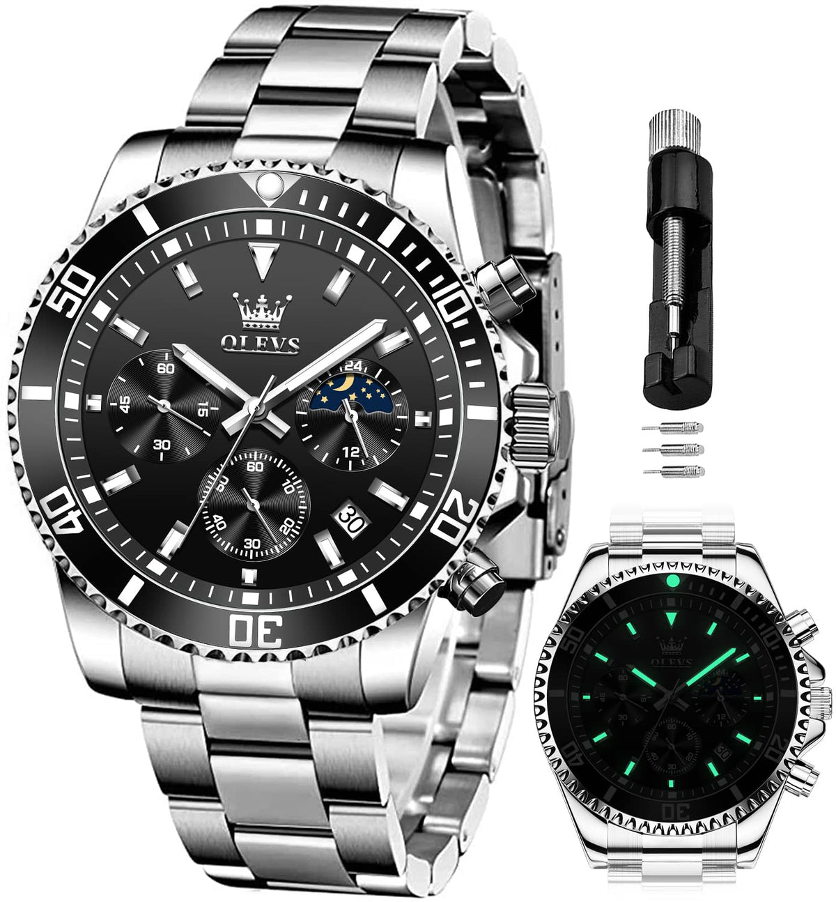 Chronograph Moon Phase Stainless Steel Wrist Watch B744