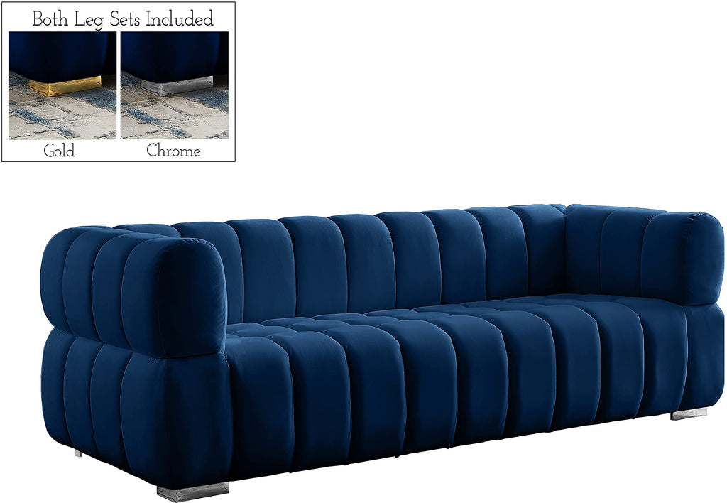 Navy Velvet Upholstered Sofa with Deep Biscuit Tufting C841