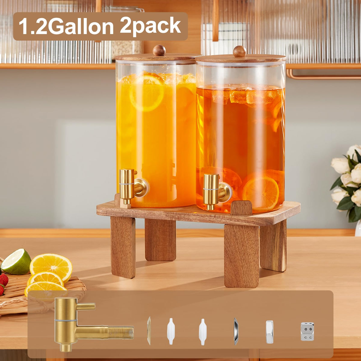2pcs 1.2 Gallon Glass Drink Dispenser with Stand Z38616