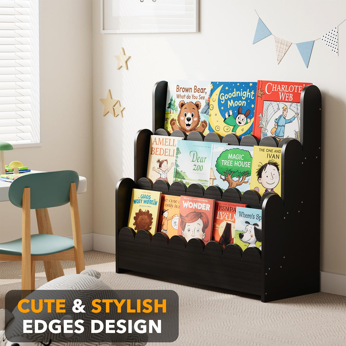 Black 3-Tier Scalloped Wooden Bookshelf G536716