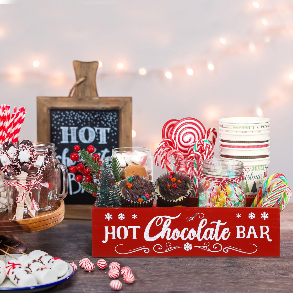Christmas Hot Cocoa Bar Station Organizer Storage Box Wood Red L7520