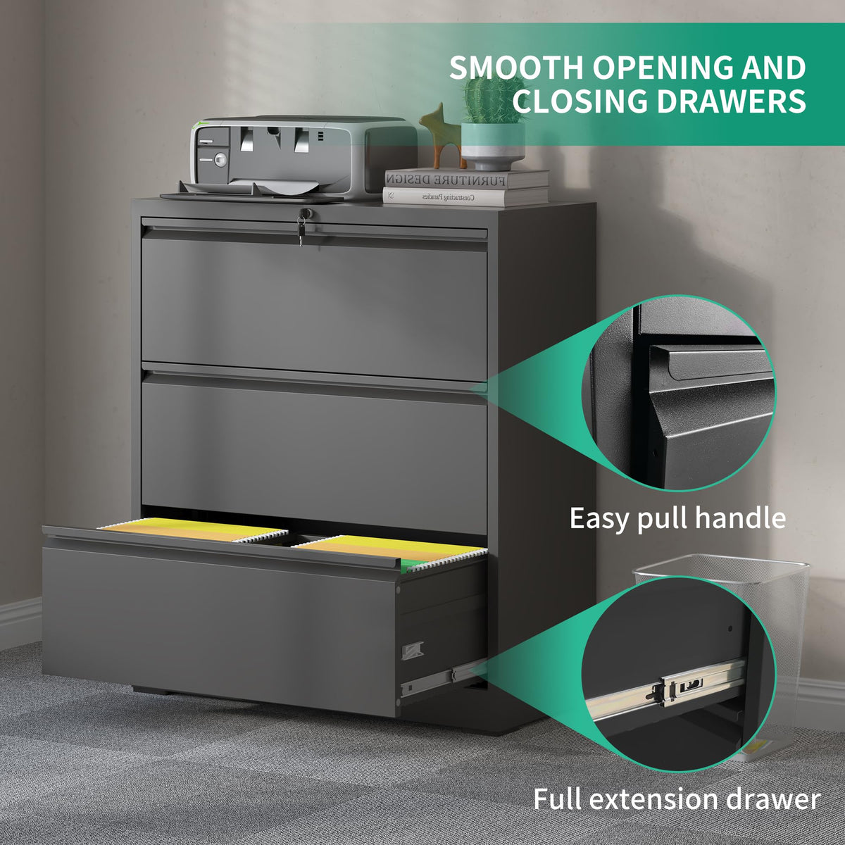 Black 3 Drawer Locking Metal File Cabinet C30047