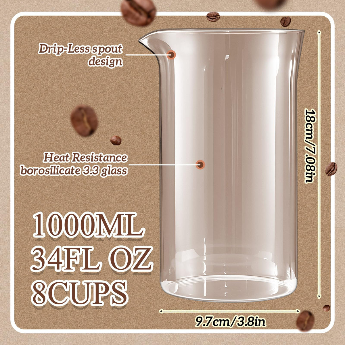 2 Pcs Borosilicate Glass French Press Replacement, 34 oz I186786