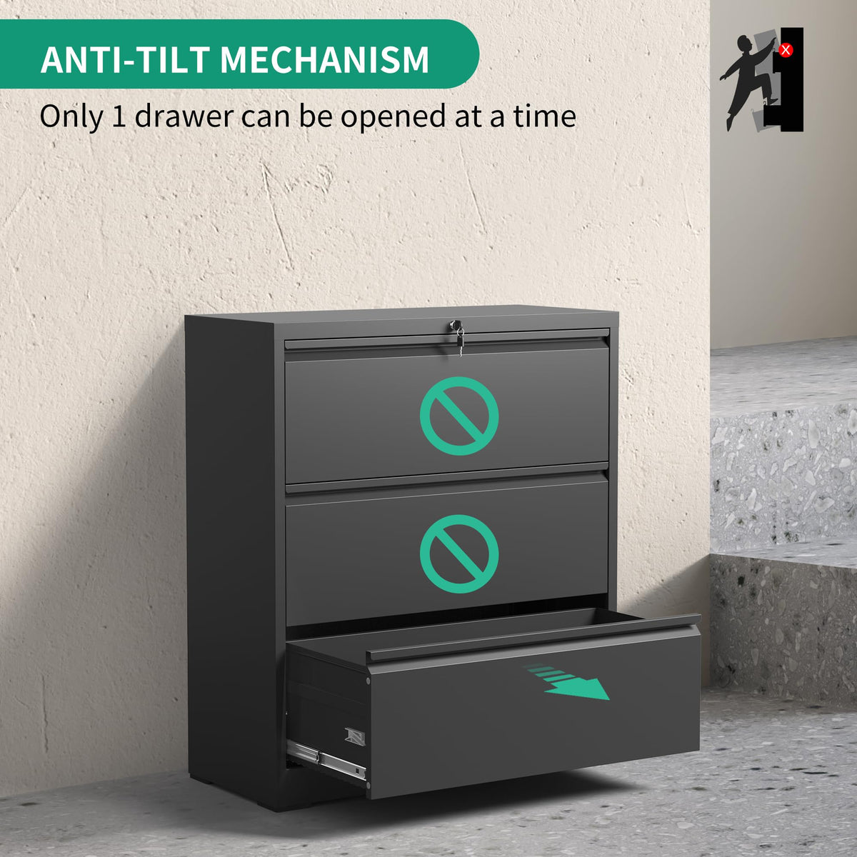 Black 3 Drawer Locking Metal File Cabinet C30047