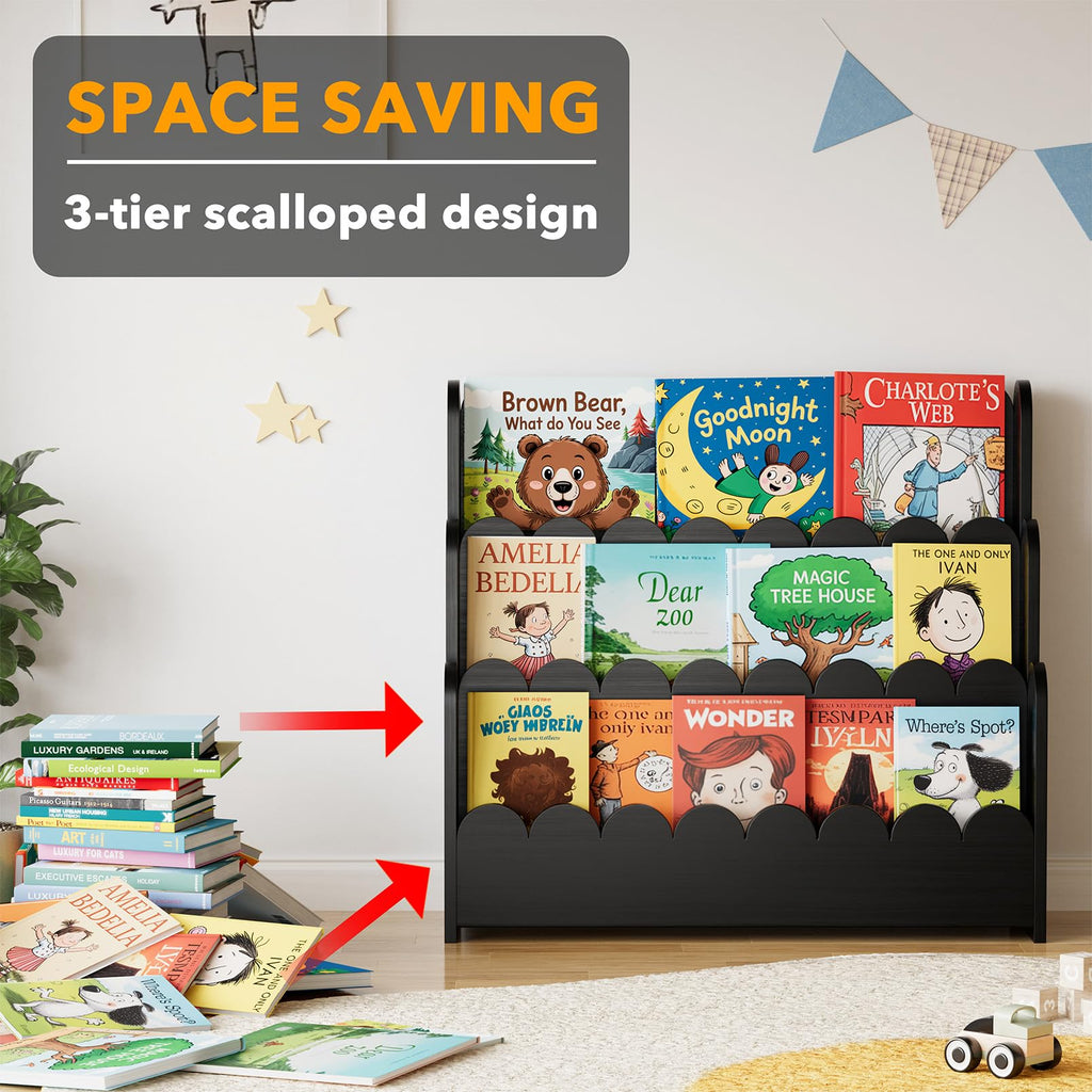 Black 3-Tier Scalloped Wooden Bookshelf G536716