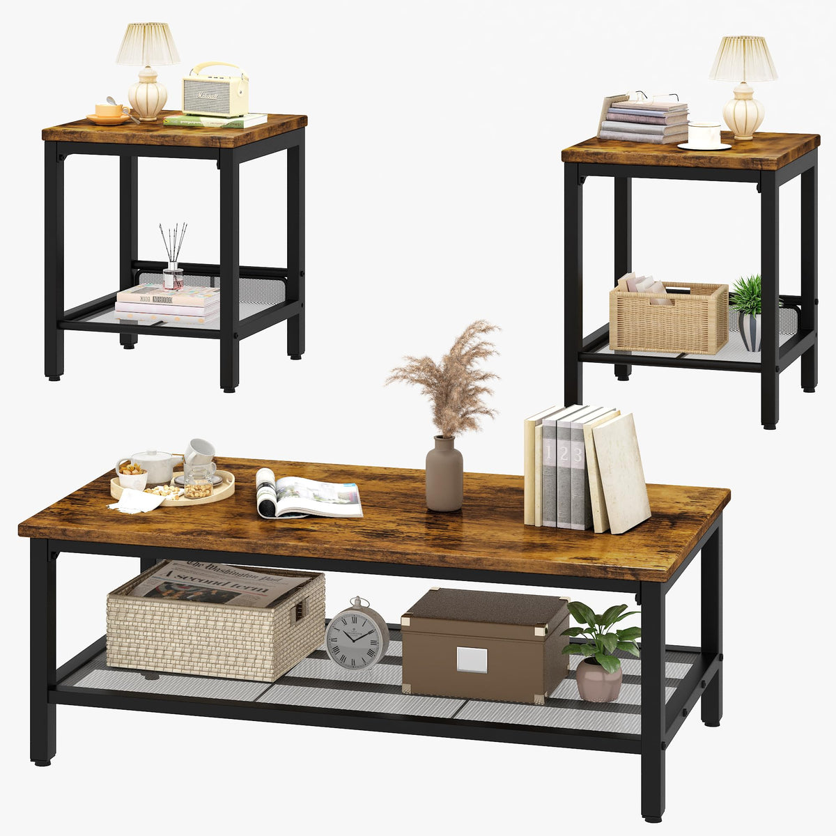 3-Piece Coffee Table Set with 2 Square End Side Tables Q3331