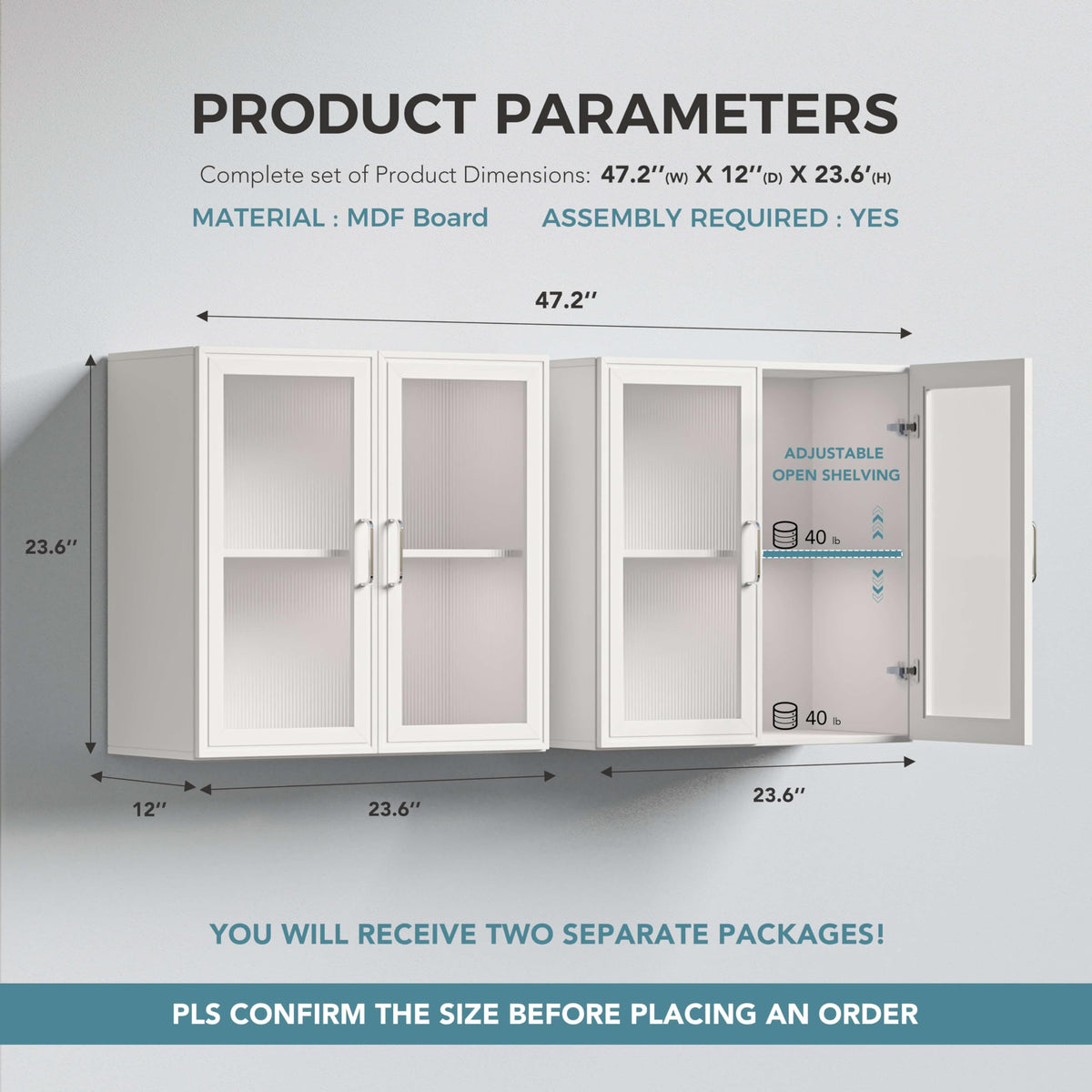 White Wall Cabinet with Acrylic Glass Doors and Adjustable Shelf, Set of 2 T8064