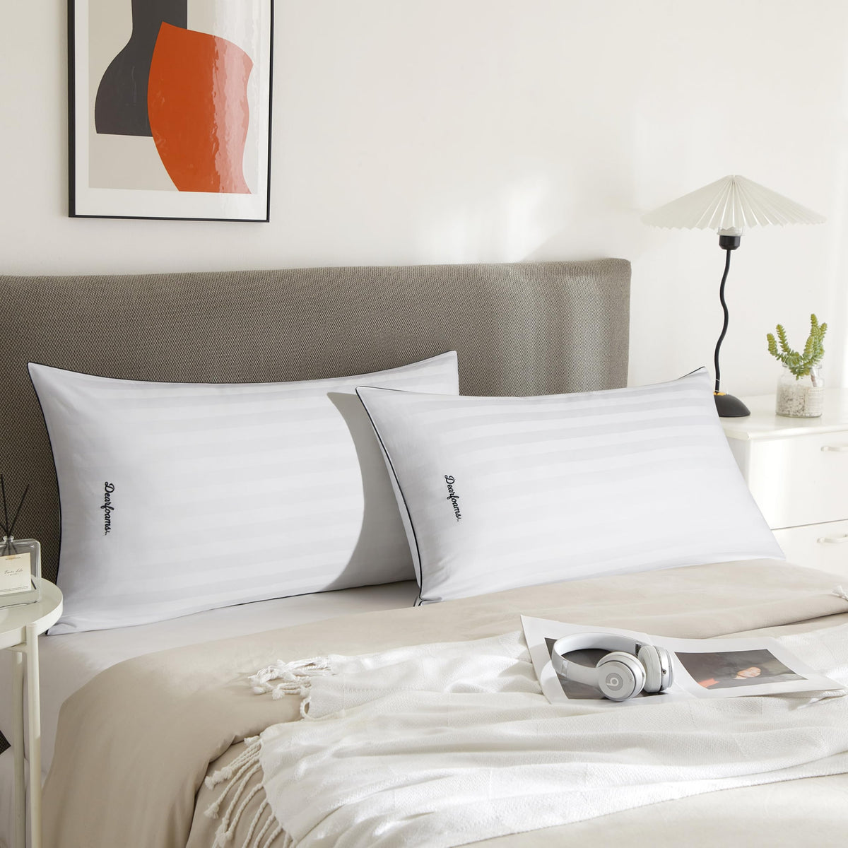 Set of 2 King Size Cotton Stripe Down Alternative Bed Pillows K864734