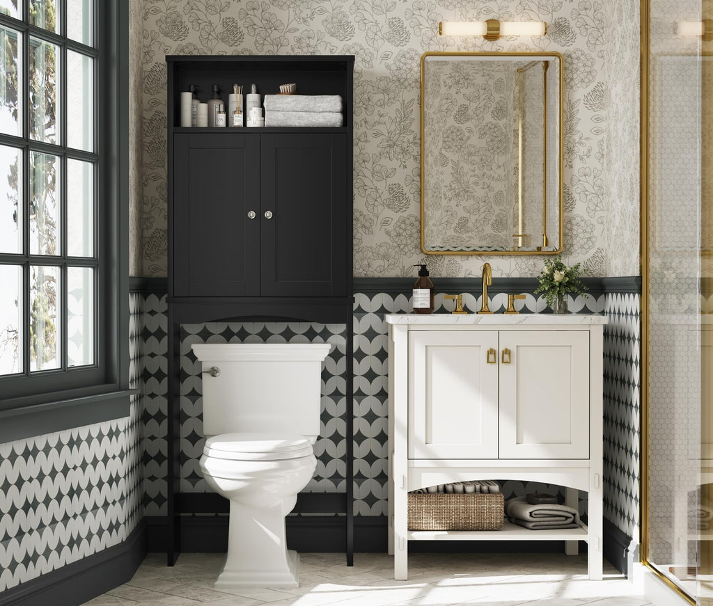 Over The Toilet Storage Cabinet with Adjustable Shelf and Double Door, Black W931253