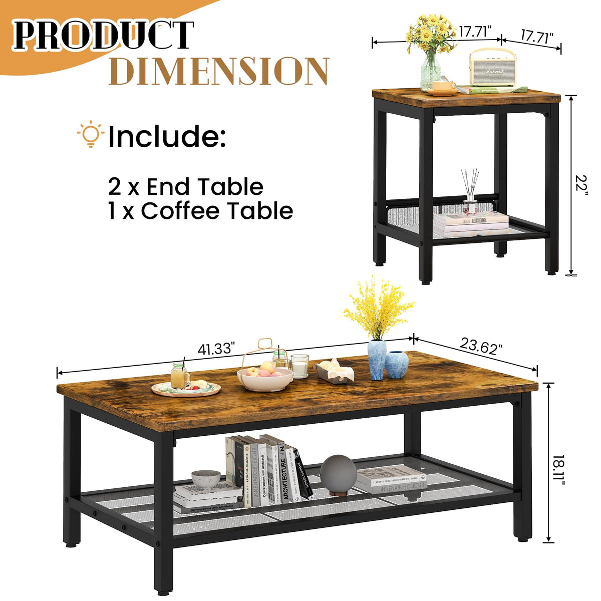 3-Piece Coffee Table Set with 2 Square End Side Tables Q3331