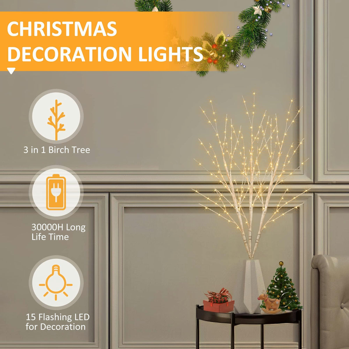Lighted Birch White Tree Branches 33IN 180LED with Timer A132