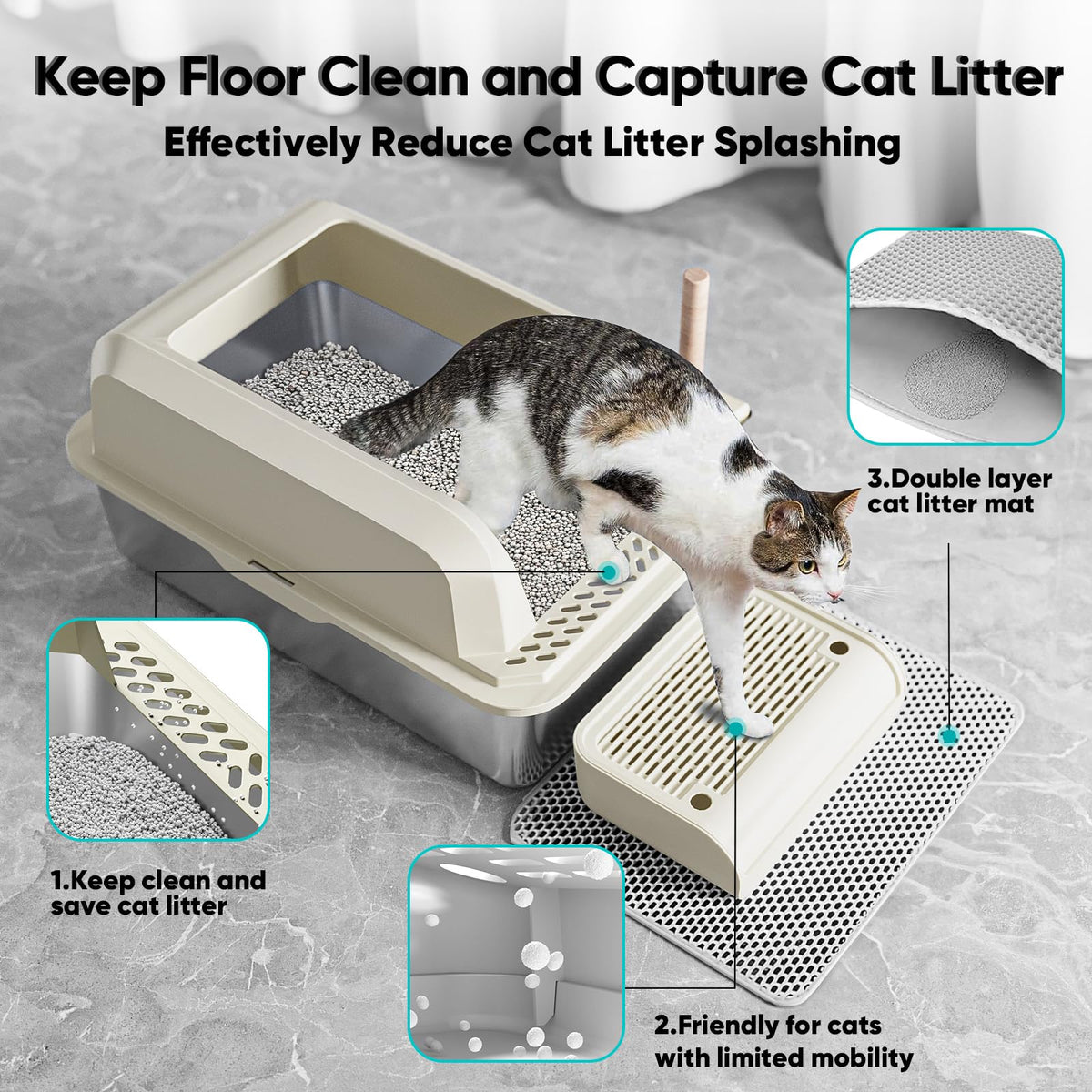 XL Stainless Steel Enclosed Cat Litter Box with Lid, Scoop and Mat P8888