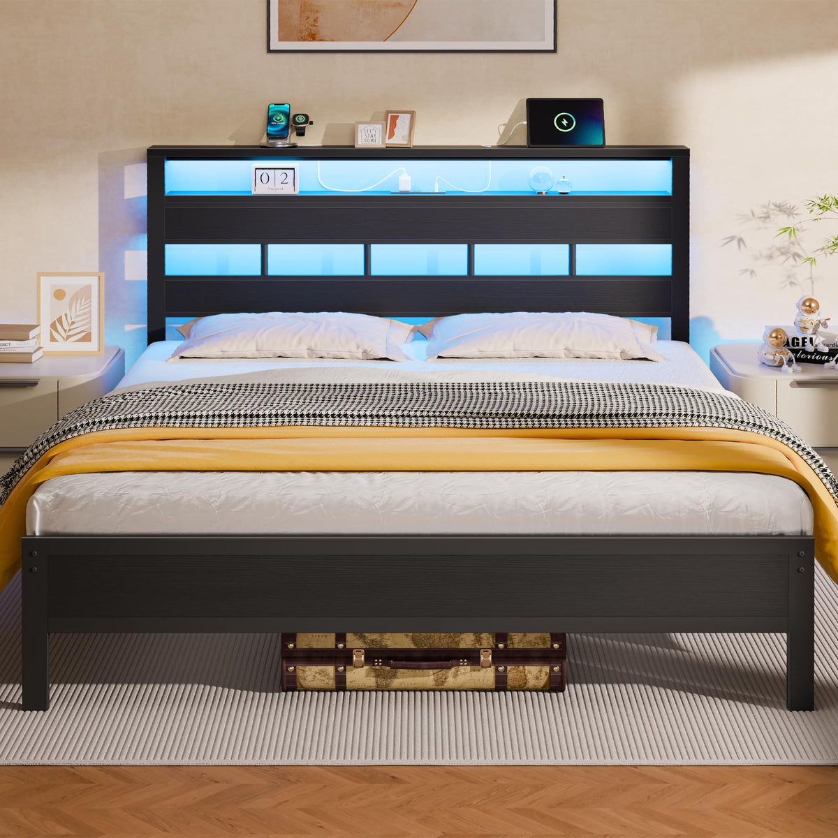Queen Bed Frame with Storage Headboard and LED Lights C79950